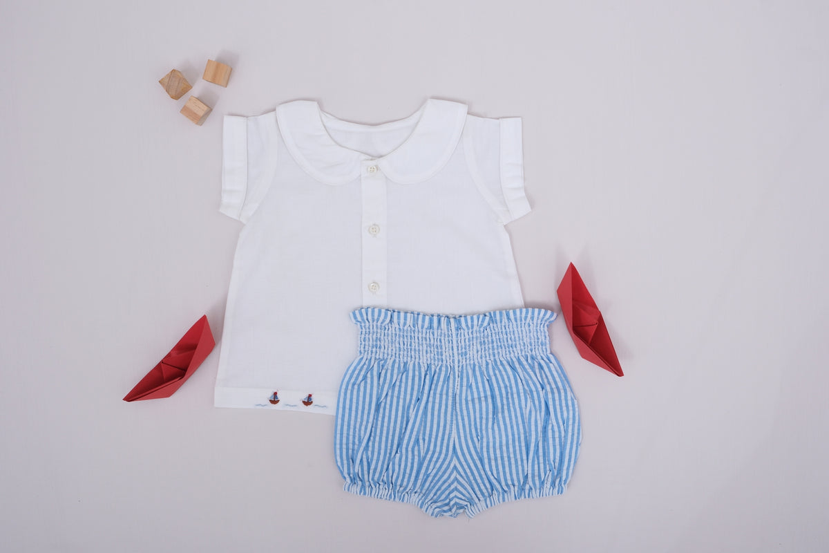 Sail Boat Embroidered Collar Top with Striped Bloomer Baby Set