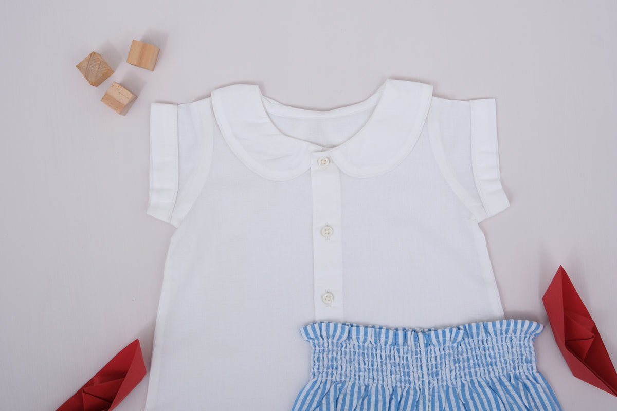 Sail Boat Embroidered Collar Top with Striped Bloomer Baby Set