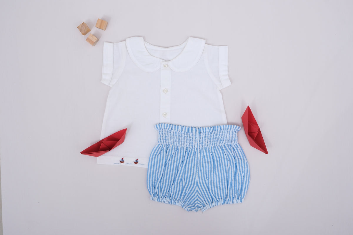 Sail Boat Embroidered Collar Top with Striped Bloomer Baby Set
