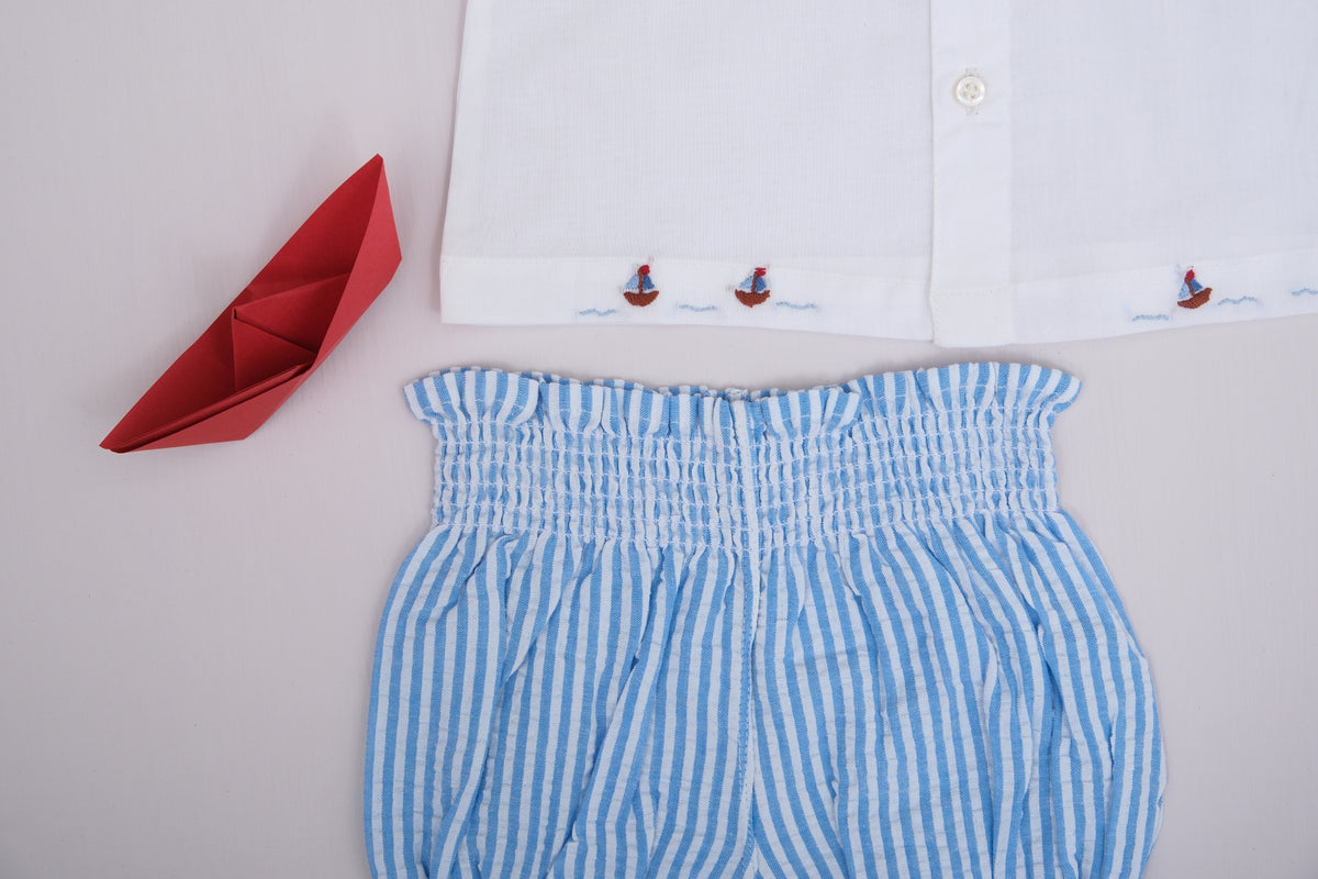 Sail Boat Embroidered Collar Top with Striped Bloomer Baby Set