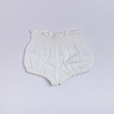 Shirred infant unisex diaper cover bloomers for baby in white gauze muslin