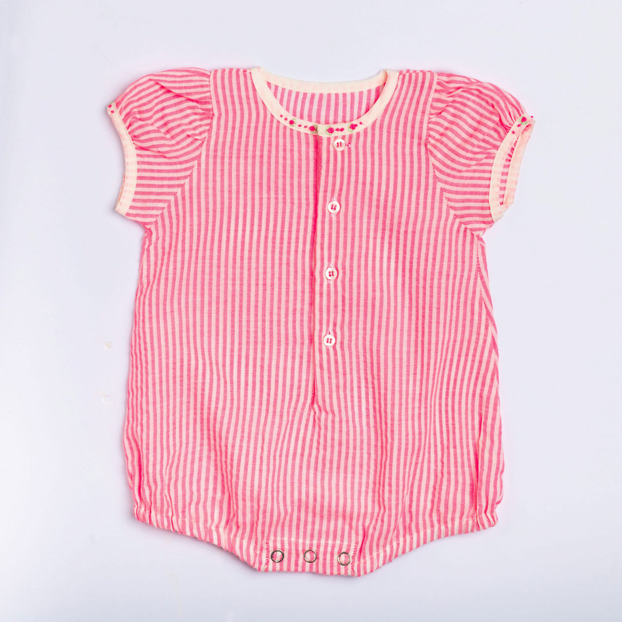 Neon pink stripe gathered sleeve infant girl onesie with hand embroidery