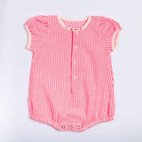 Neon pink stripe gathered sleeve infant girl onesie with hand embroidery