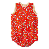 Flatlay of red onesie with a round neckline, front button placket and an all-over fun print