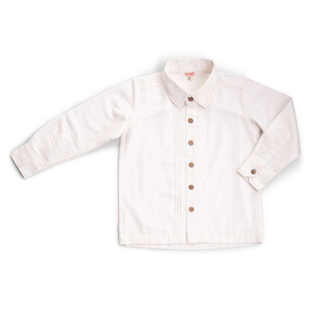 Flatlay of the ivory pleated, full sleeve shirt with hand embroidered Kantha work in the collar and cuffs