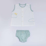 Flatlay of front open jabla with blue piping and hand embroidered clouds and sun with matched striped bloomers