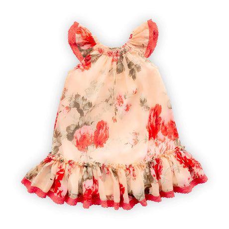 Girls dress in peach and red roses print with matched lace trims and smocking neckline with flutter sleeves