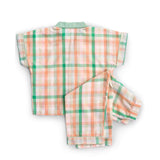 Close-up of green gingham paperbag shorts with fabric tie-up belt