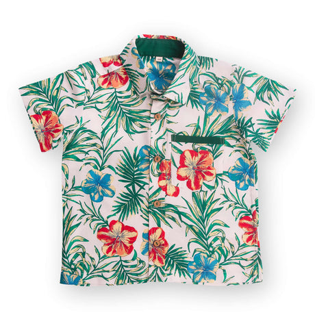 Flatlay of colourful floral printed cotton boys shirt