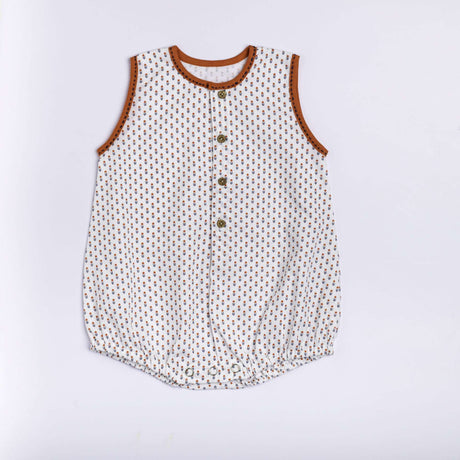 White print infant unisex onesie with orange neckline piping