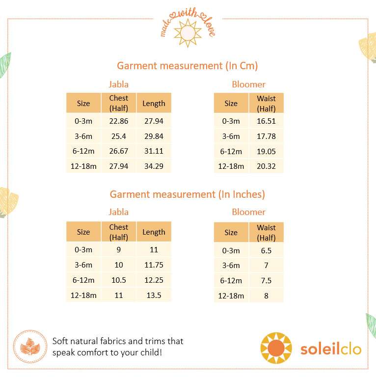 Garment size chart for jabla and bloomer sets