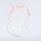 Back view of infant sleeveless romper with pink stripe piping and stars printed on a white base