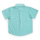 Back of a half sleeve boys shirt in aqua chambray