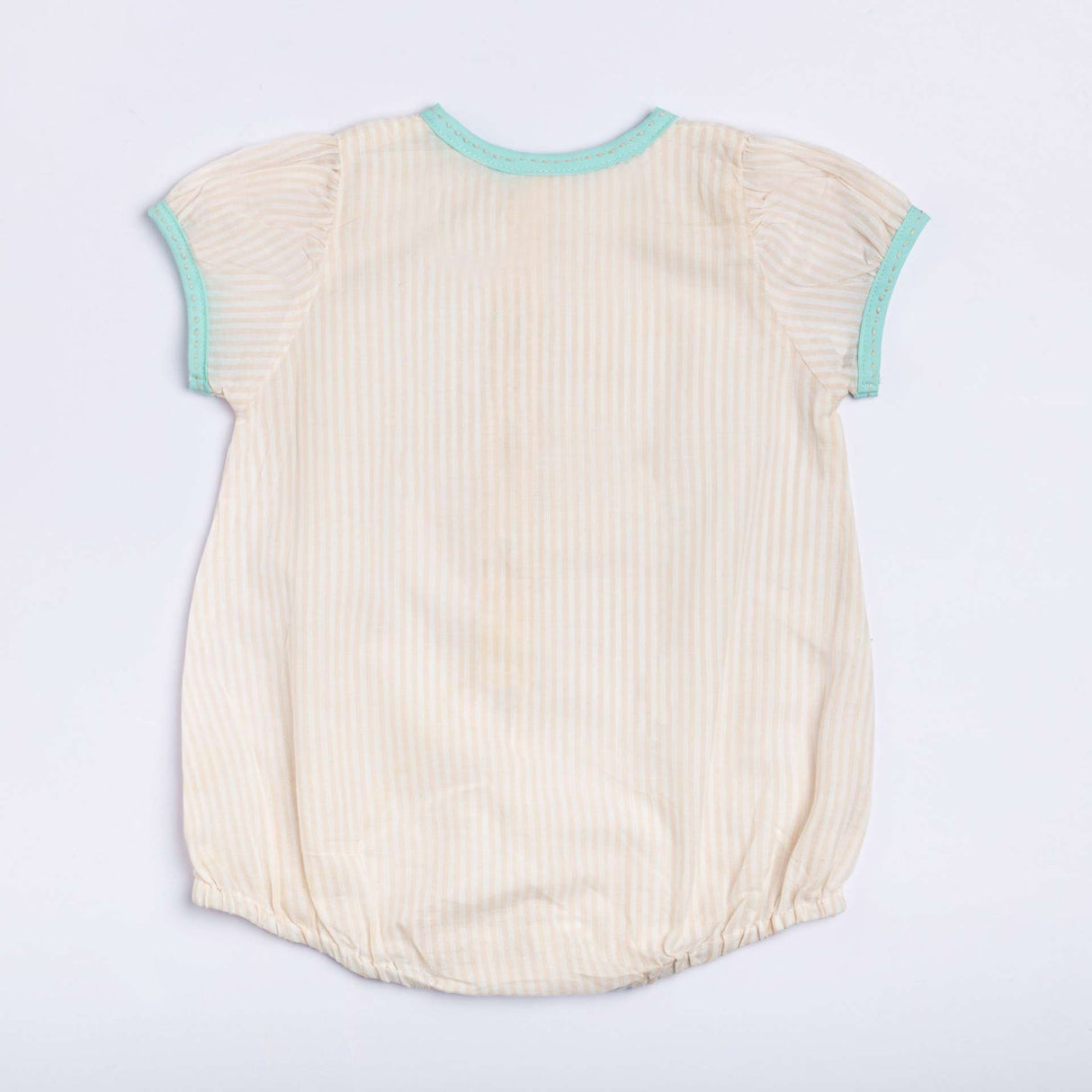Back view of infant girl romper in a peach stripe mull with teal piping