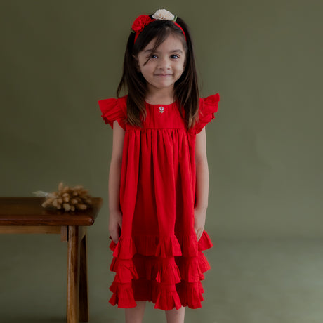 a little girl dressed in red swiss dot dress with embroidered flower button