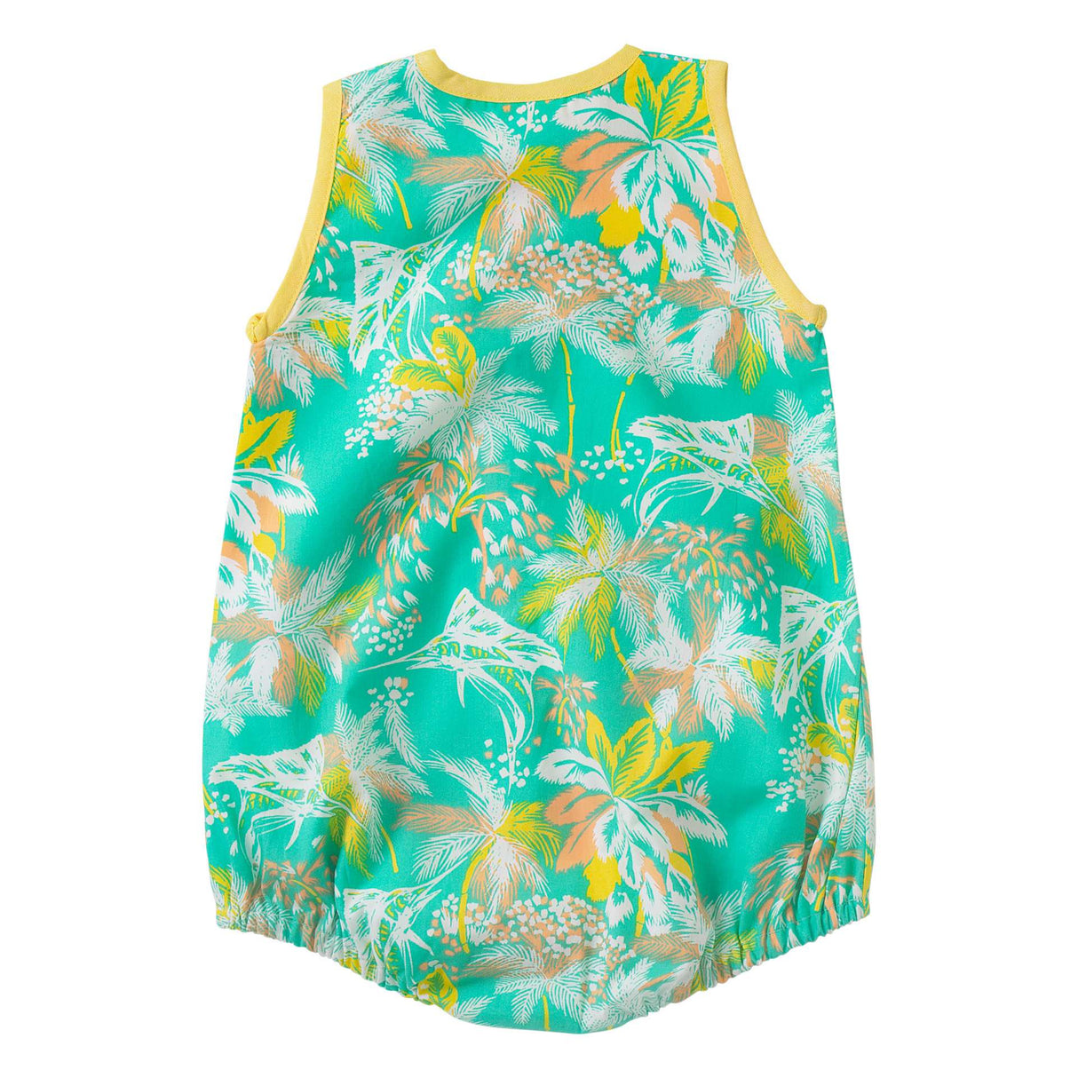 Back of infant unisex tropical print onesie