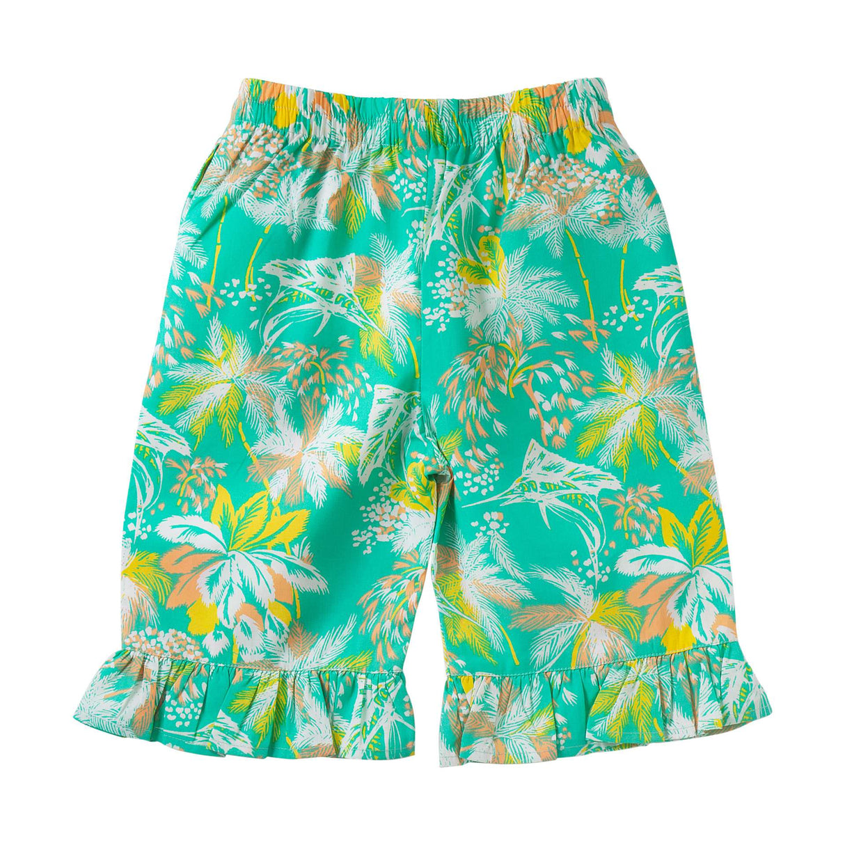 Palm tree print green girls ruffle ham capri pants