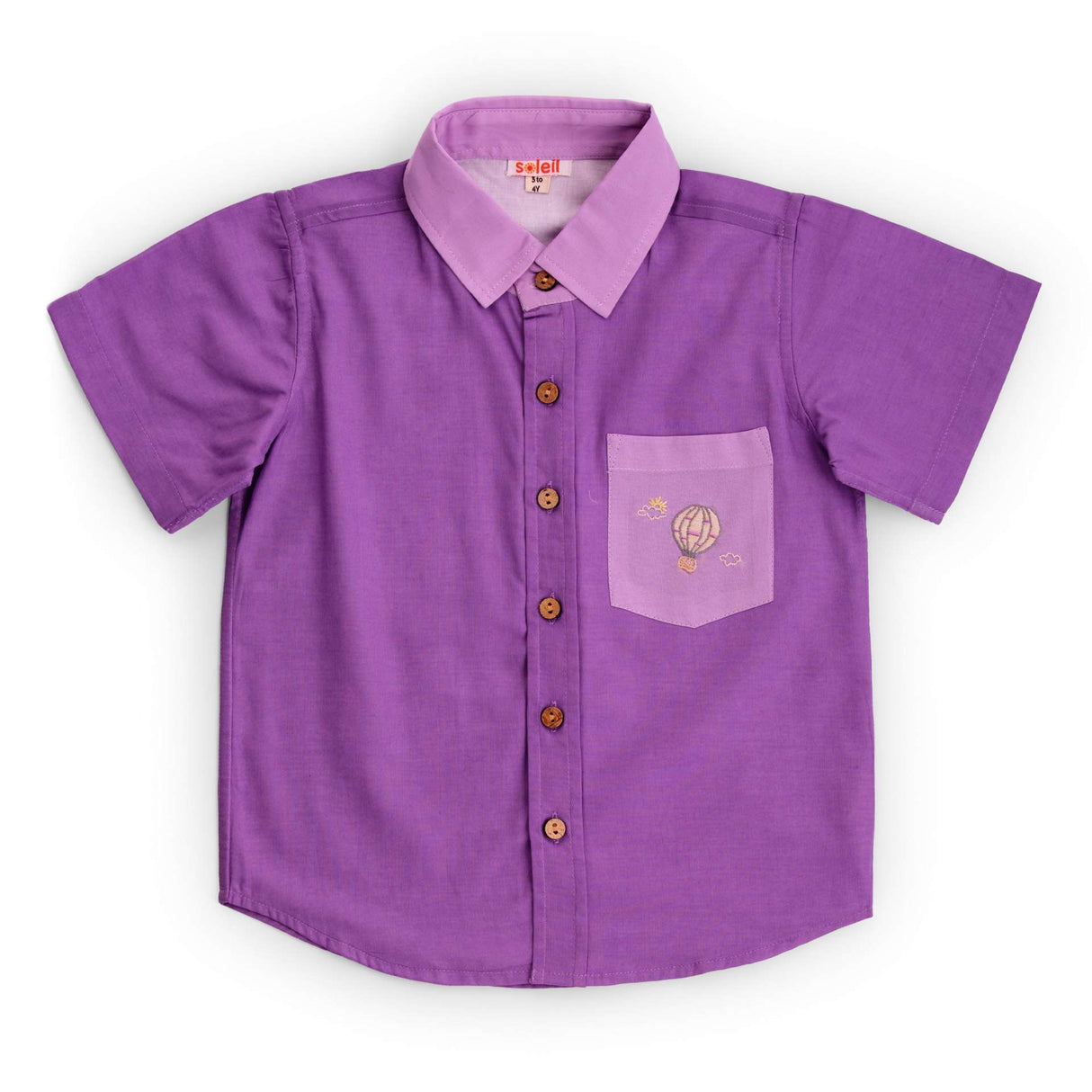 Flat lay of purple cotton shirt with lavender hand embroidered pocket and collar