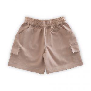 Flatlay of khaki shorts with extra pocketsand white double stitchlines and an elasticated waist