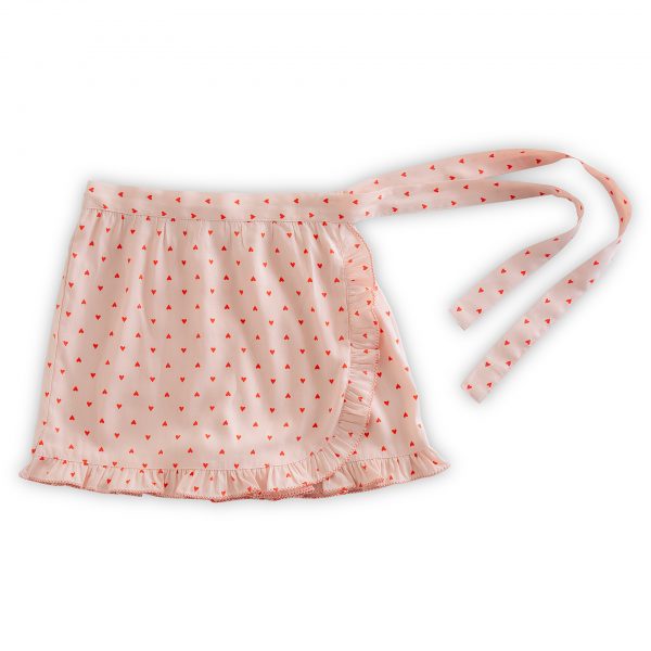 Pink heart printed viscose skorts with side tie-ups and hem ruffles