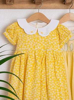 A yellow floral printed dress with an embroidered scallop collar hangs on the hanger