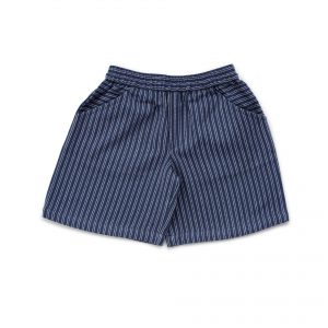 Flatlay of navy blue and white striped shorts with side and back pockets and elasticated waistband