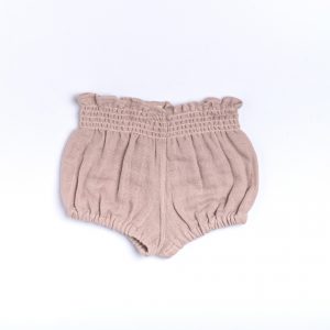 Shirred infant unisex diaper cover bloomers for baby in tan gauze muslin