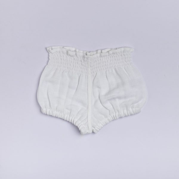 Shirred infant unisex diaper cover bloomers for baby in white gauze muslin