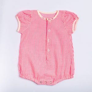 Neon pink stripe gathered sleeve infant girl onesie with hand embroidery