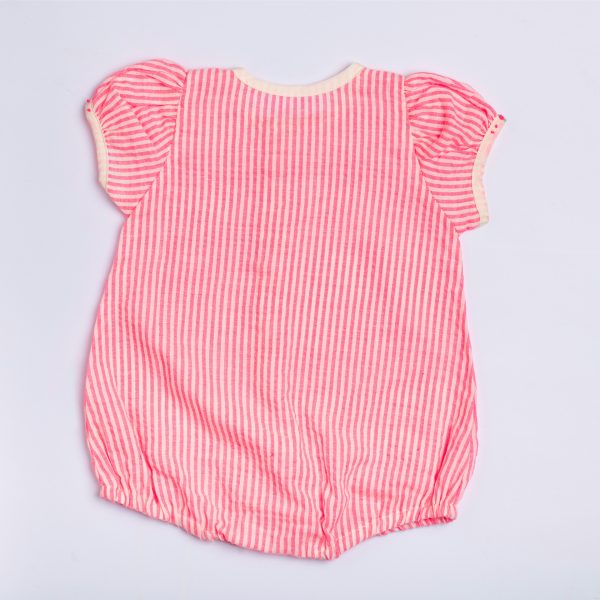 Rear image of the neon pink striped cotton onesie