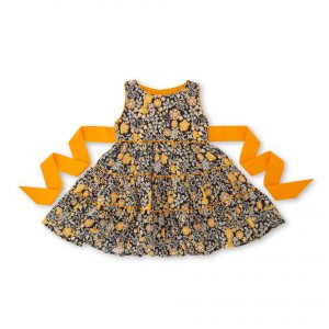 Black floral girls dress with tiered skirt with contrast saffron back ties