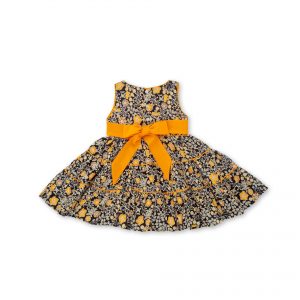 Black and yellow print girls tiered skirt dress with yellow tie back