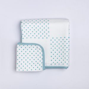 Baby wrap in white and blue block print gauze and matched baby wipe gift set