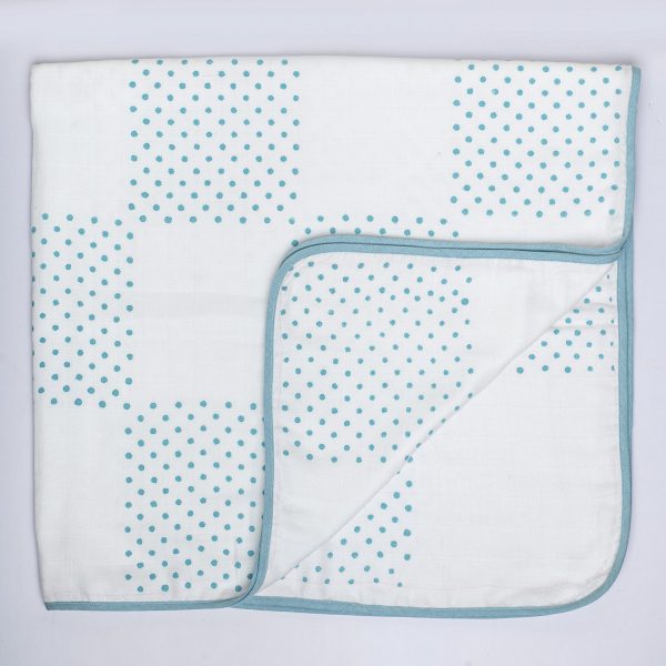Blue dot muslin baby blanket with aqua dot print
