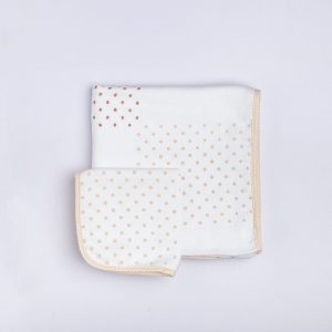 Tan and pale peach block print infant wipes with polka dot print and grey piped edges
