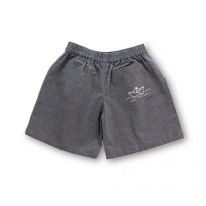 Rear image of grey shorts with hand embroidered paper boat on back pocket
