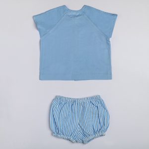 infant vest and diaper cover set with bloomers in stripe and a solid blue shirt