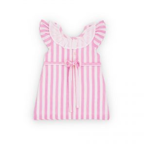 Flatlay of the rear side of bubble gum pink striped dress with a ruffle collar and tie-up sash at the waist