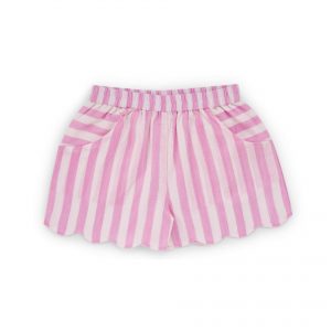 Flatlay of pink striped cotton shorts with scallop edges, side pockets and elasticated waist