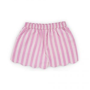 Flatlay of bubblegum pink striped girl's shorts with scalloped edges