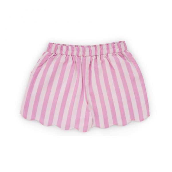 Flatlay of bubblegum pink striped girl's shorts with scalloped edges