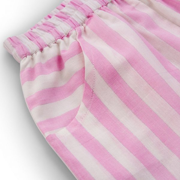 Close up of pink striped shorts with side and back pockets