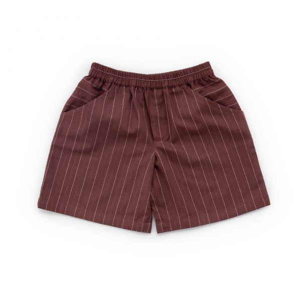 Flatlay of brown striped shorts with side and rear pockets and elasticated waistband