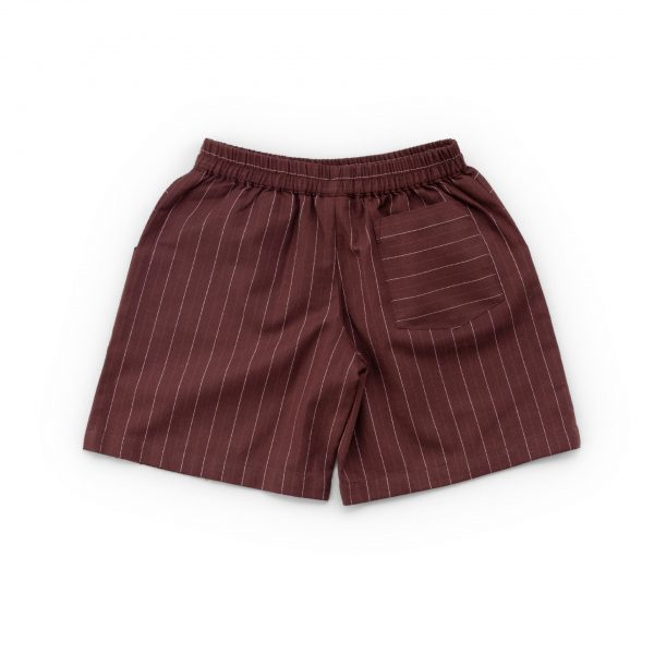 Chocolate brown elastic waist twill shorts with a thin ivory stripe