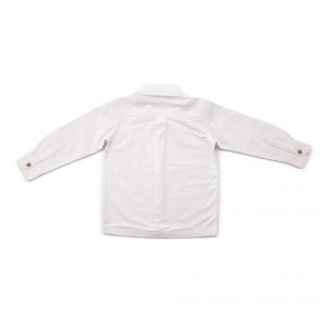 Rear image of white long sleeve shirt with wooden buttons down the front and on cuffs