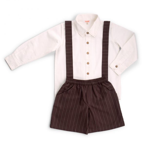 Flatlay of striped shorts with detachable button-on suspenders and elasticated waist
