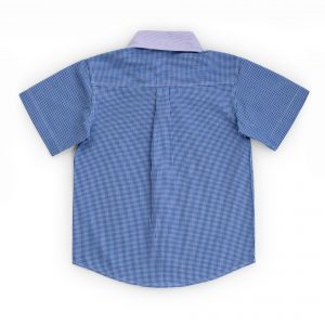 Rear image of blue checked boy's shirt with hand embroidered sun and clouds on pocket