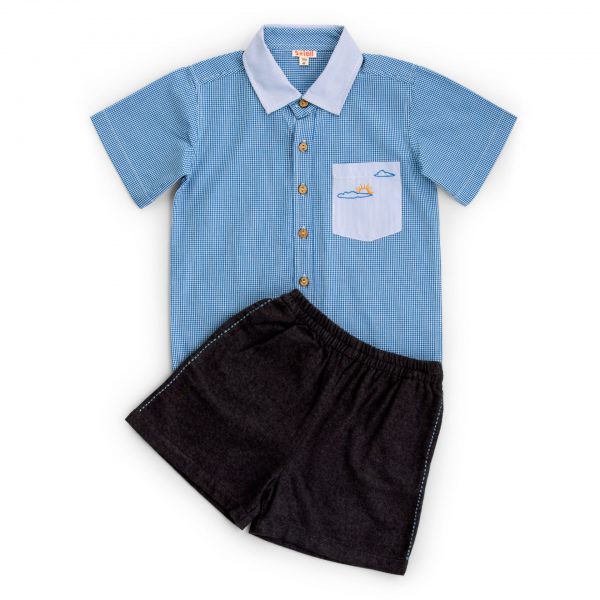Micro gingham boys cotton shirt in blue with black shorts with kantha stitching and pocket embroidery