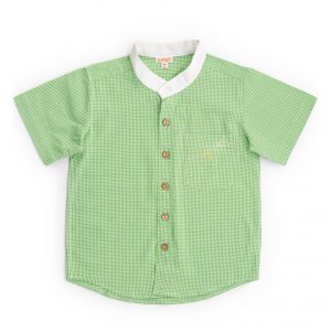 Mandarin collar boys shirt in green gingham with hand embroidered pocket