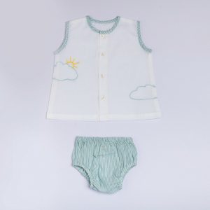 Flatlay of front open jabla with blue piping and hand embroidered clouds and sun with matched striped bloomers
